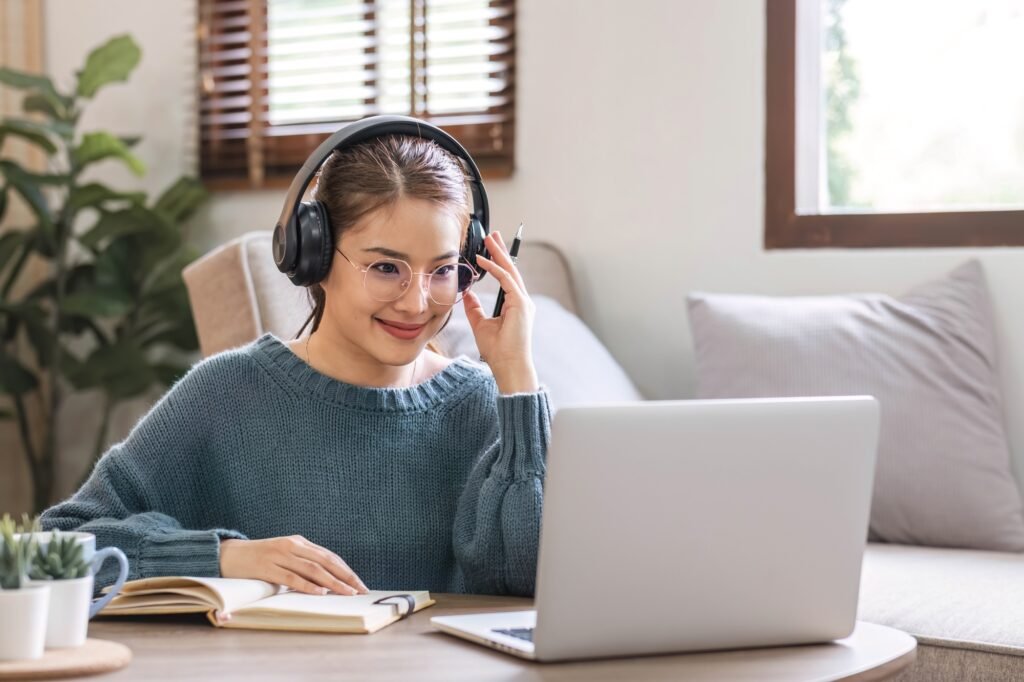 Asian girl student online learning class study online video call zoom teacher, Happy asian girl